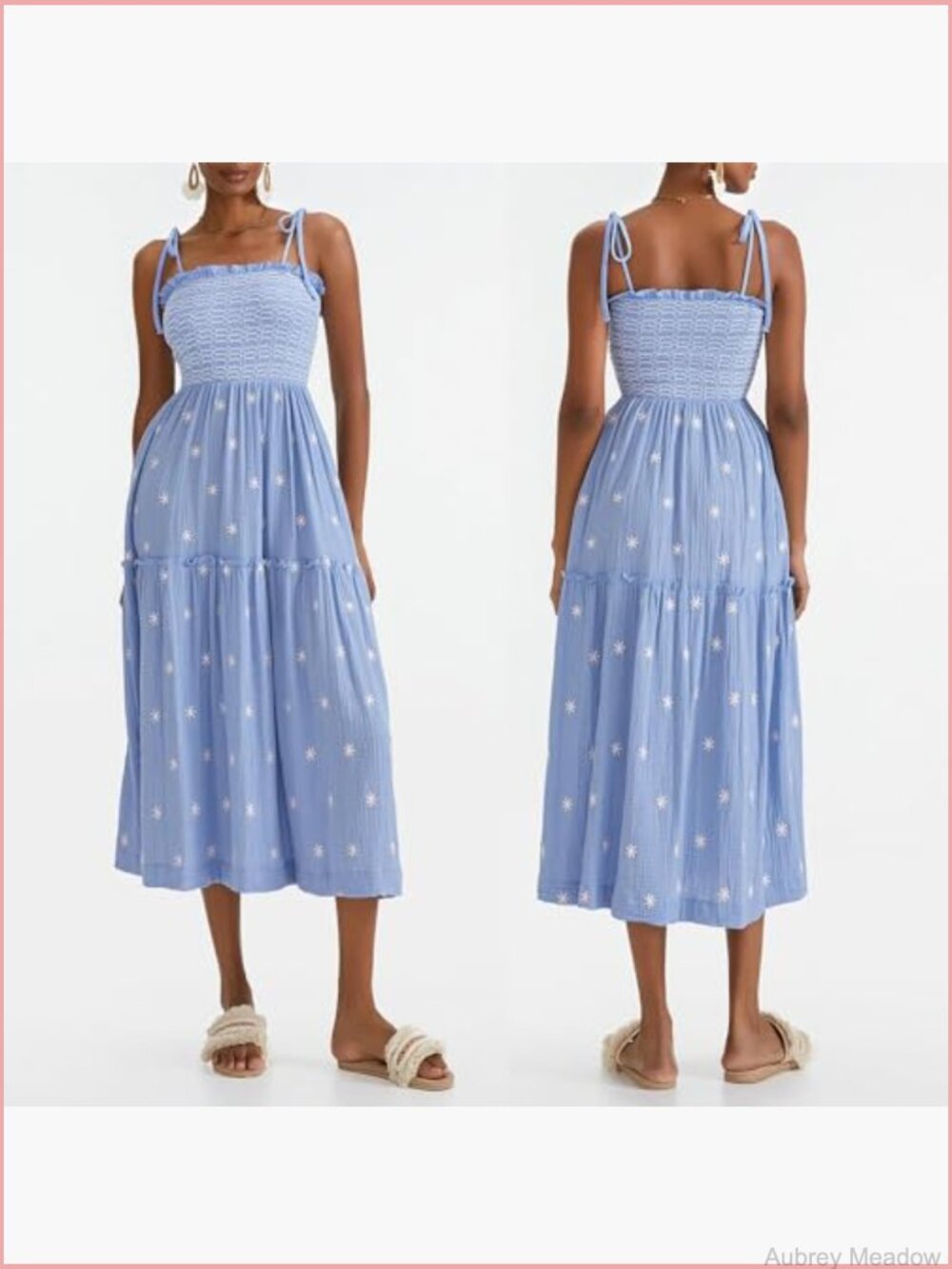 Floral Embroidered Maxi Dress Sleeveless Tie Shoulder Smocked Flowy Boho - Picture 7 of 7